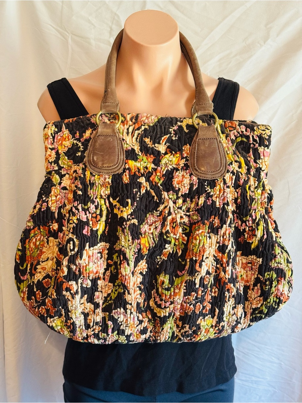 Anthropologie Deux Lux Floral Quilted Tote Hobo Bag-Leather Handles